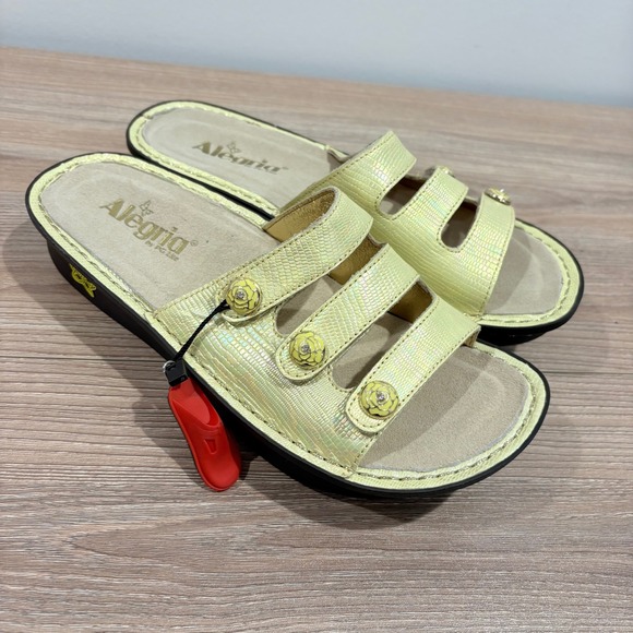 Alegria Shoes - Alegria Fiona Iridescent Snake Slide Sandals Women Yellow Size 39 Leather